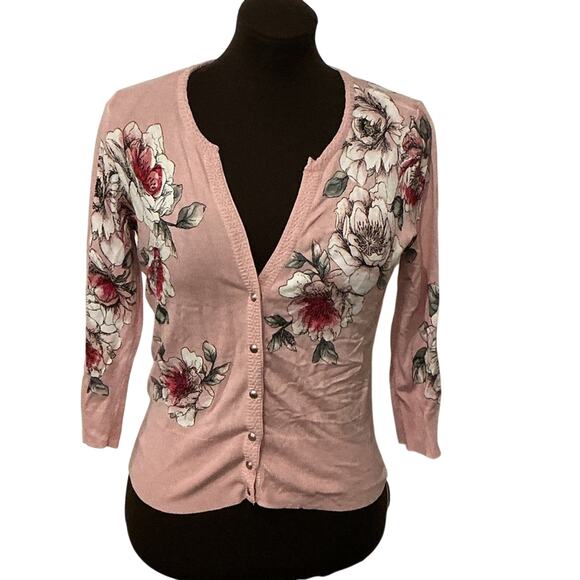 White House Black Market Half Snap Button Floral Pink Women's Cardigan Size S - Picture 1 of 8